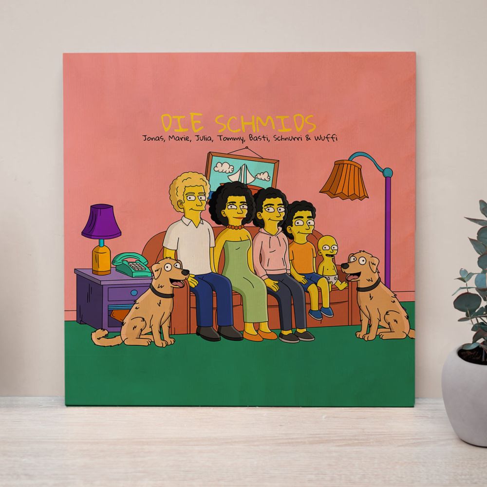 Personalisierbare Holzbild-Illustration Cartoon Familie