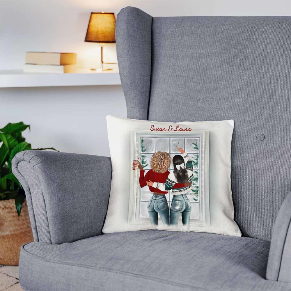 Personalisierbare Kissenbezug-Illustration Freundinnen im Winter