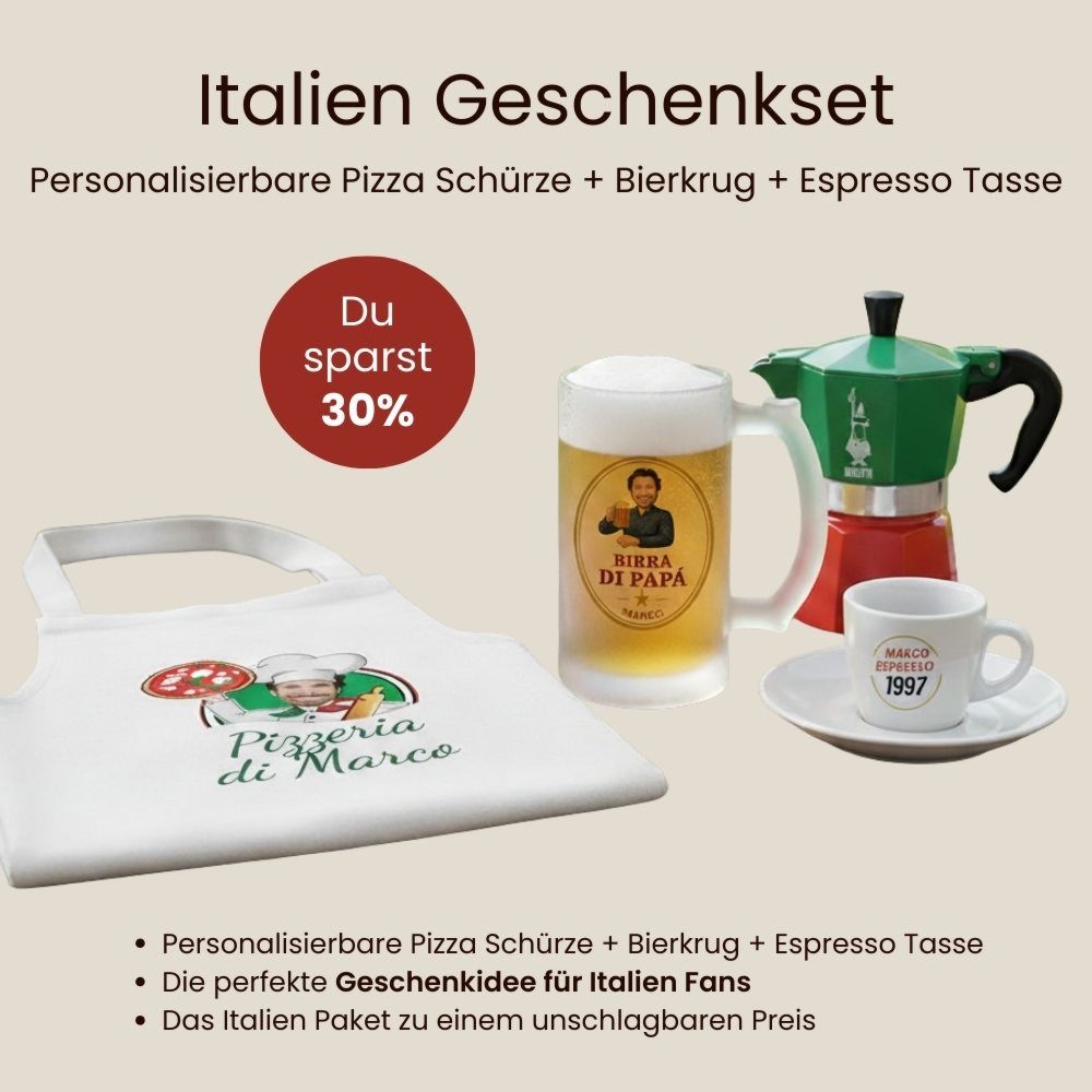Geschenkset Italien mit Schürze Bierkrug und Espresso Tasse