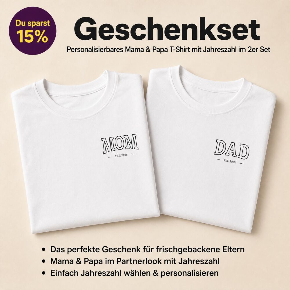 Geschenkset für Eltern T-Shirts mit Jahreszahl, personalisierbar