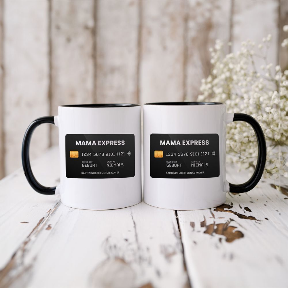 Personalisierbare Tasse mit Kreditkarte und Text