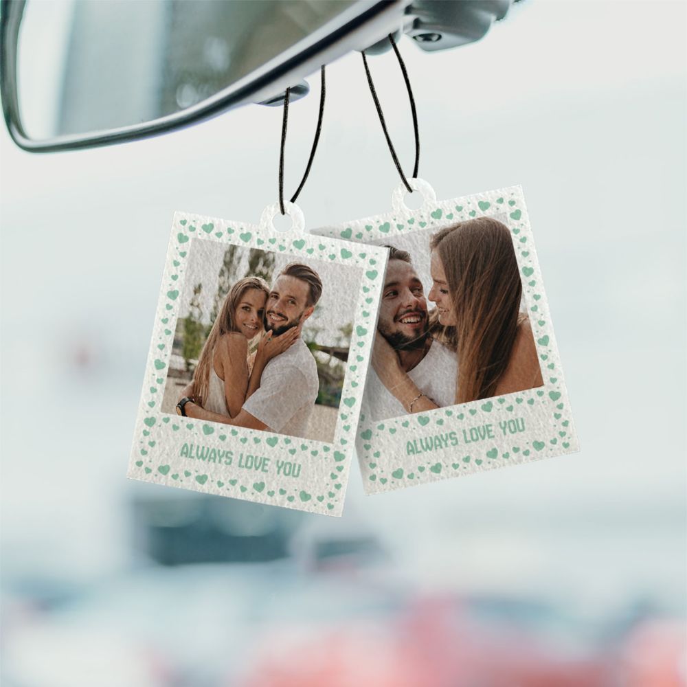 Personalisierbarer Duftbaum 2er Set im Polaroid-Look mit Herzen