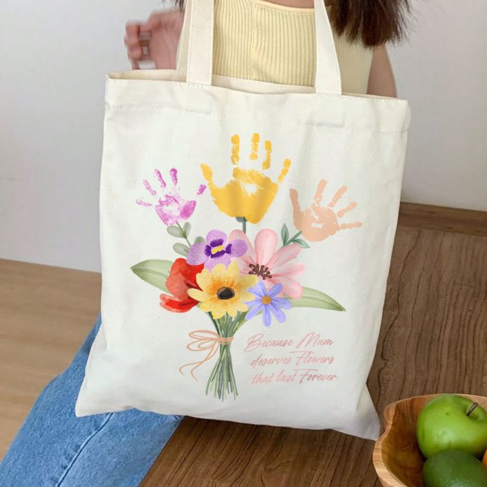Personalisierbarer Jutebeutel Blumenstrauß mit Handabdruck